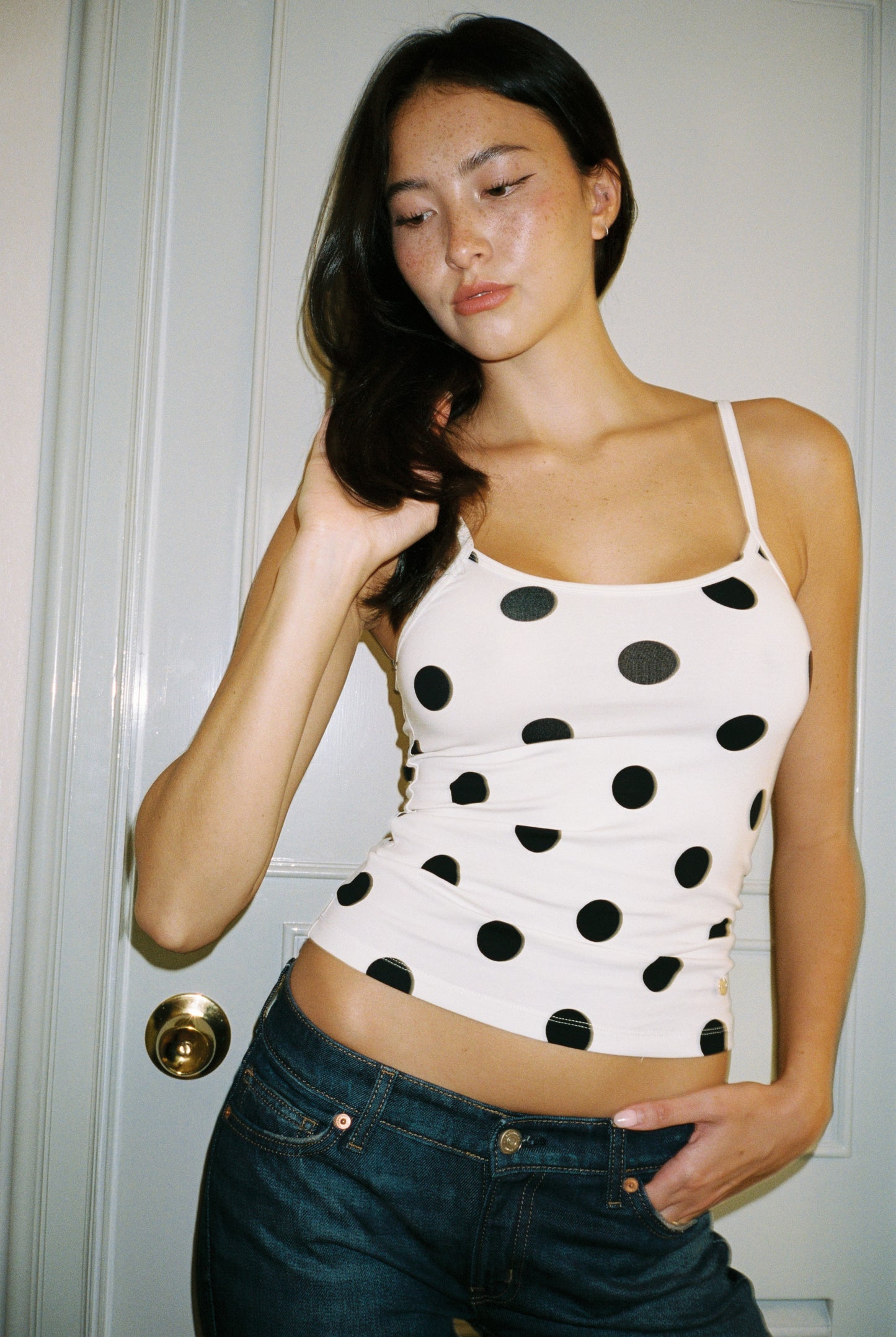 IMNOT BASIC SUPER SOFT CAMI TOP IN White POLKA DOT