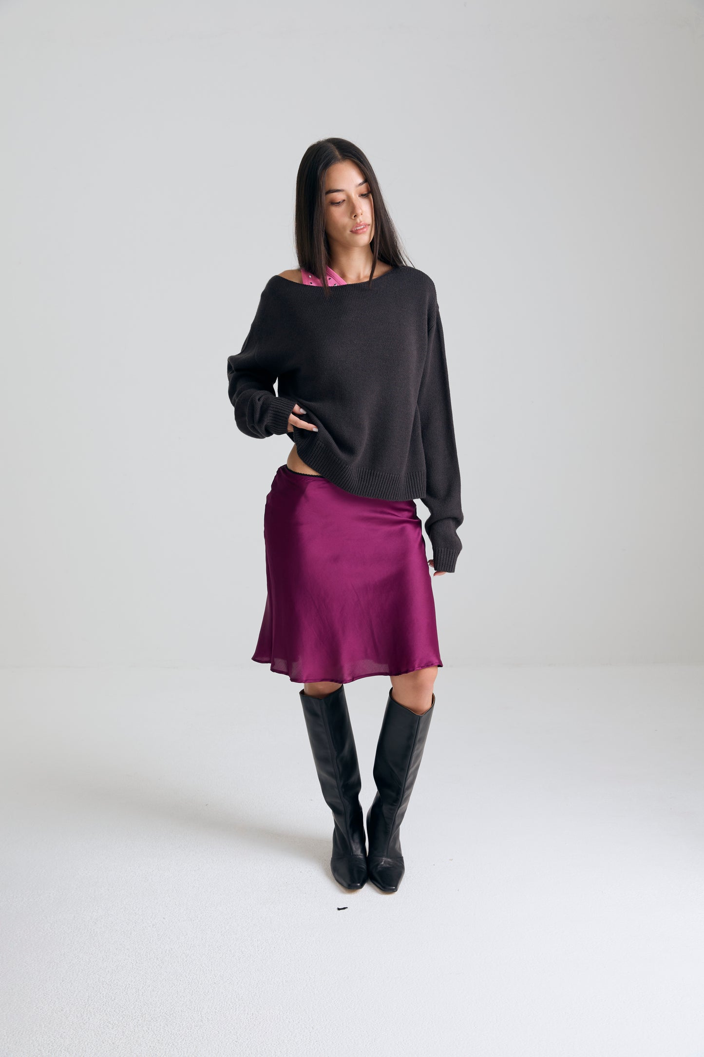 Boatneck Knit crop Top - charcoal