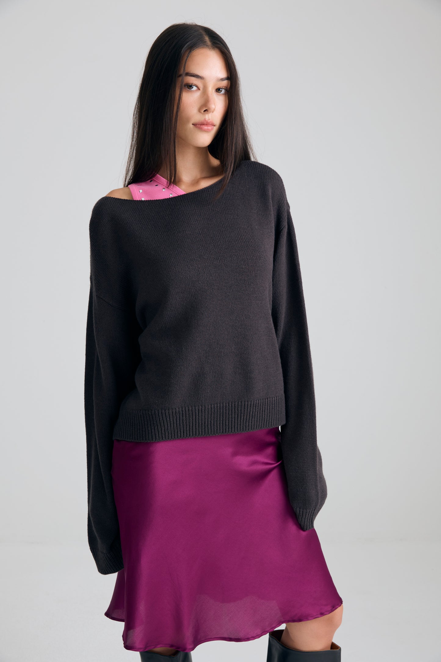 Boatneck Knit crop Top - charcoal
