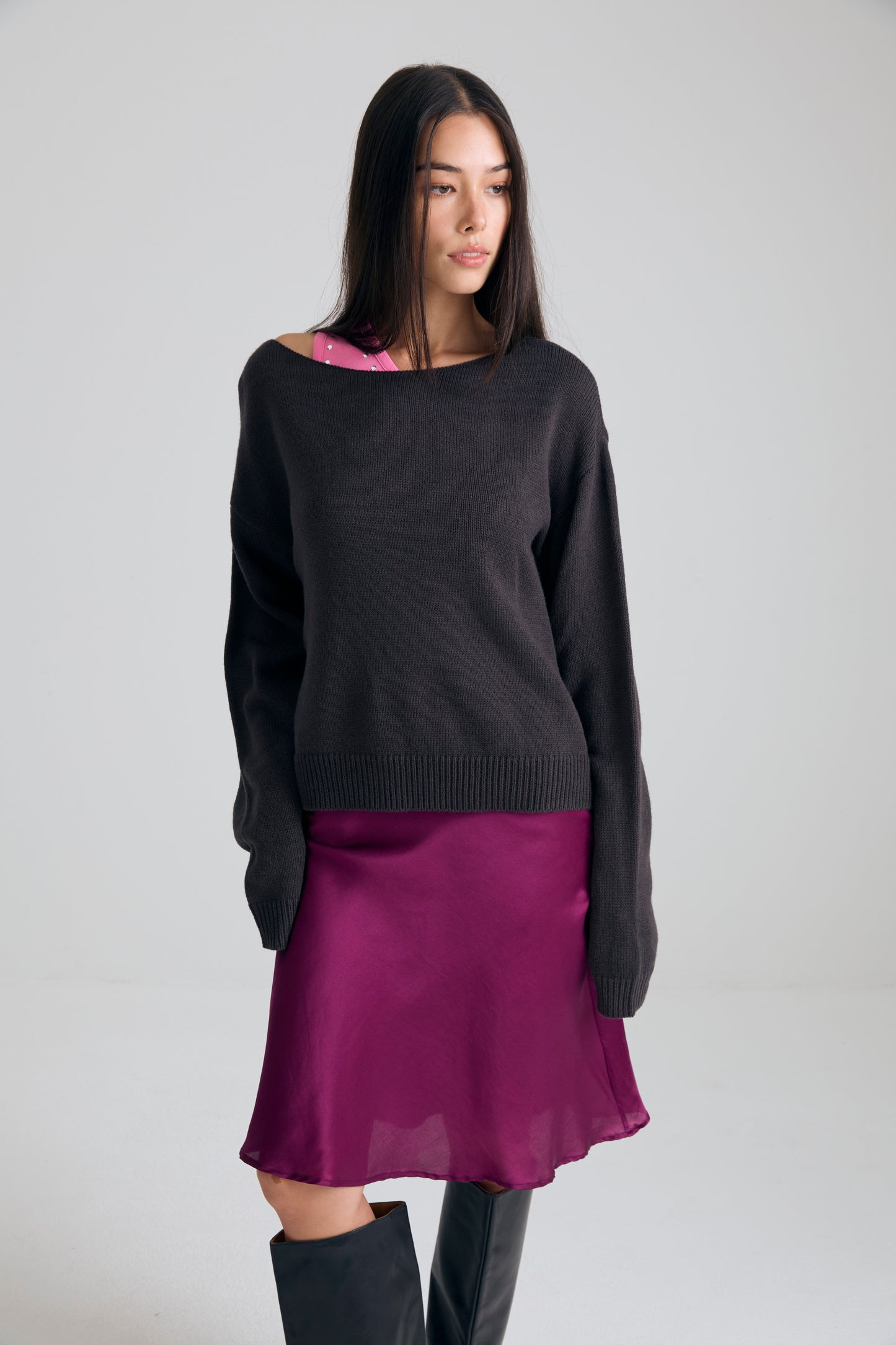 Boatneck Knit crop Top - charcoal