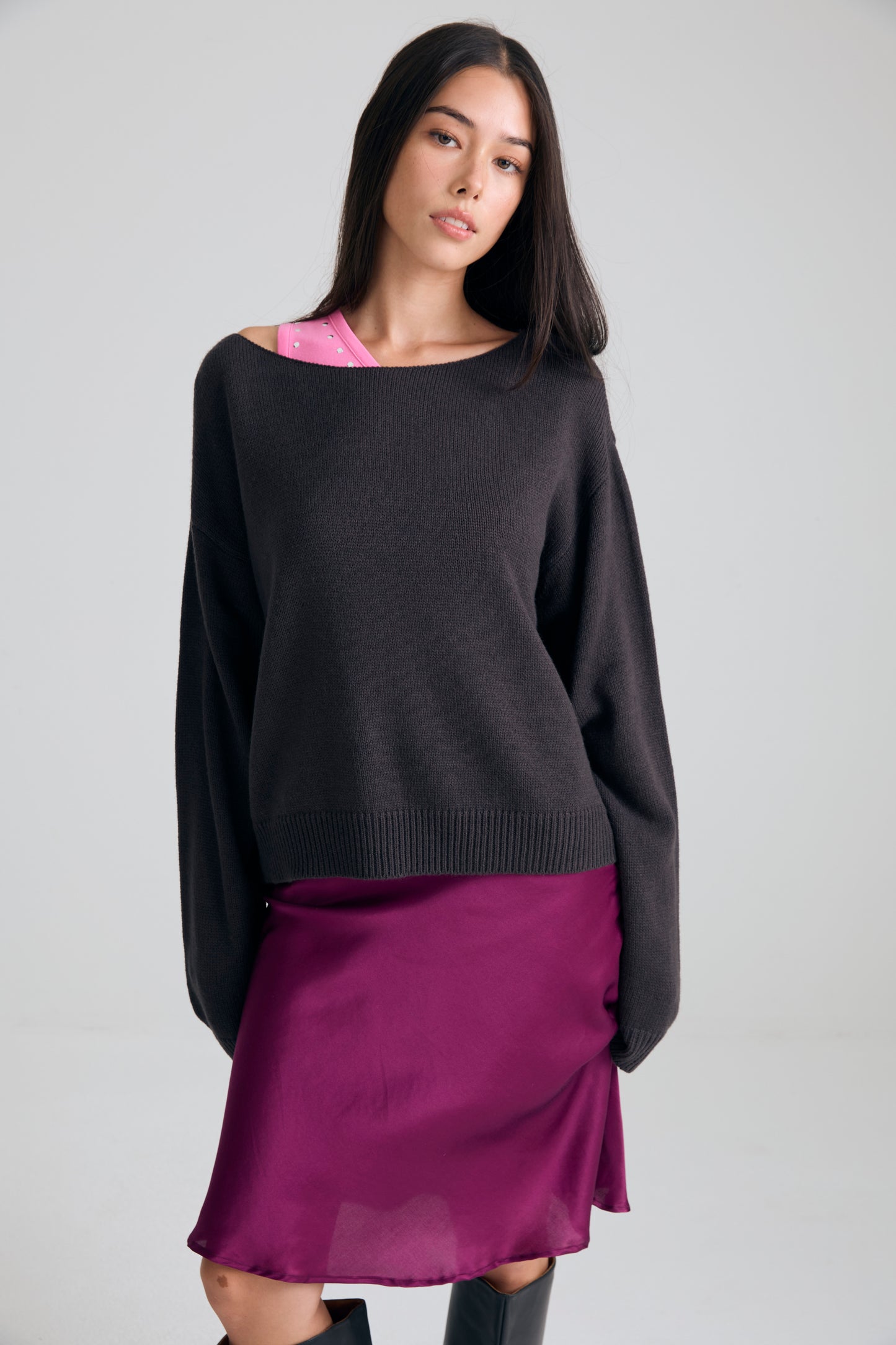 Boatneck Knit crop Top - charcoal