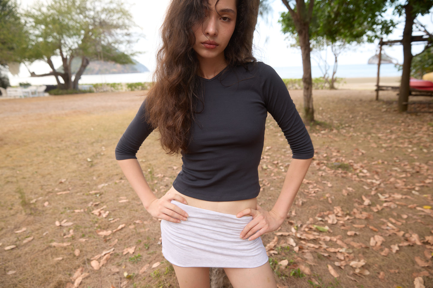 Classic V-Neck Tee with Three-Quarter Sleeves - BLACK