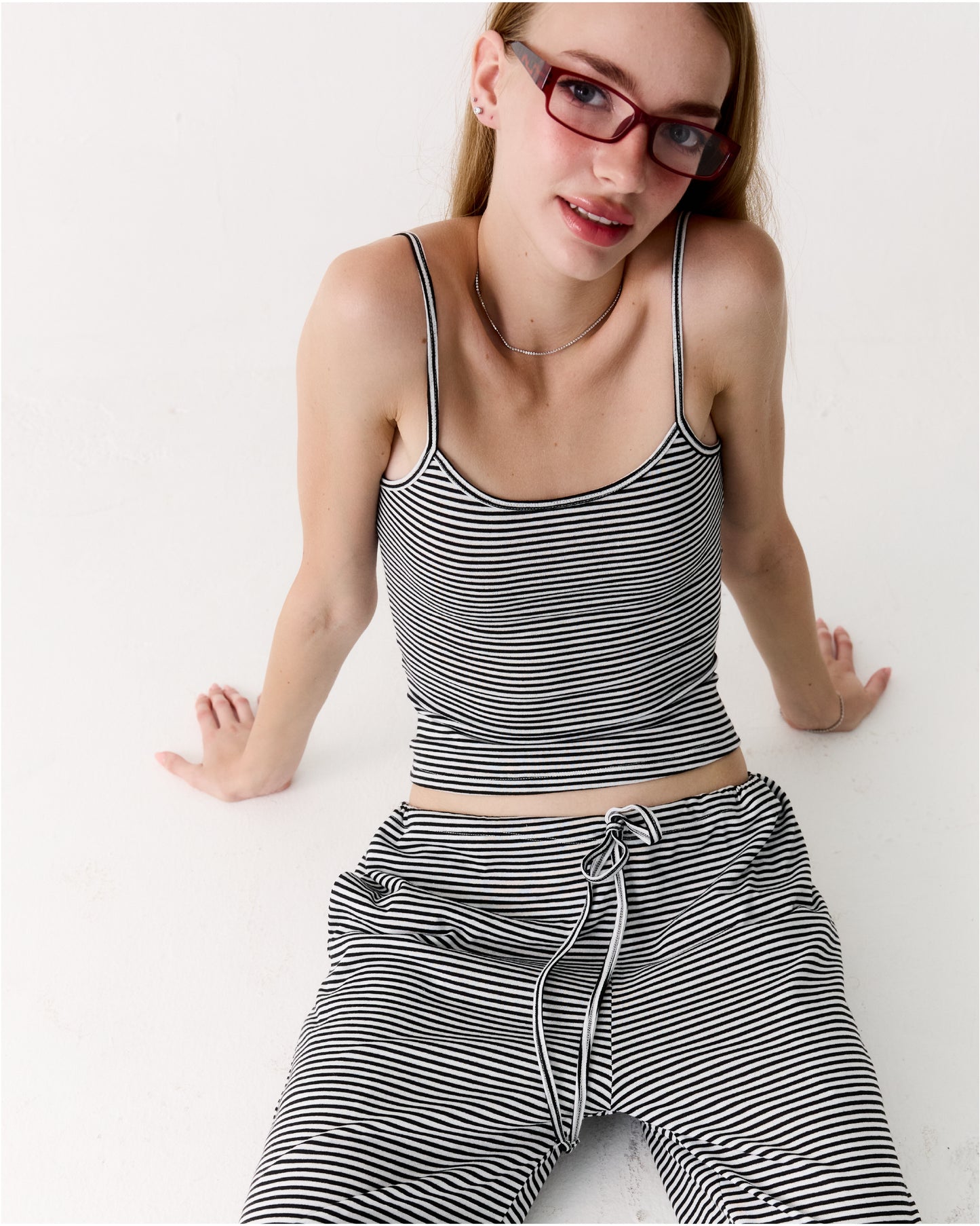 imnot basic drawstring low rise pants- striped
