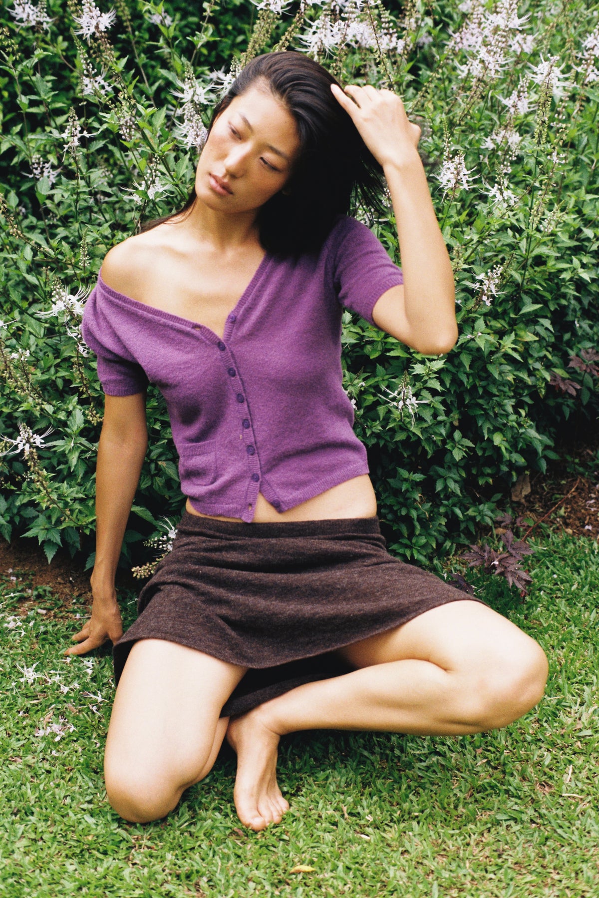 V-neck short-sleeve cardigan with pocket-Sweet Purple