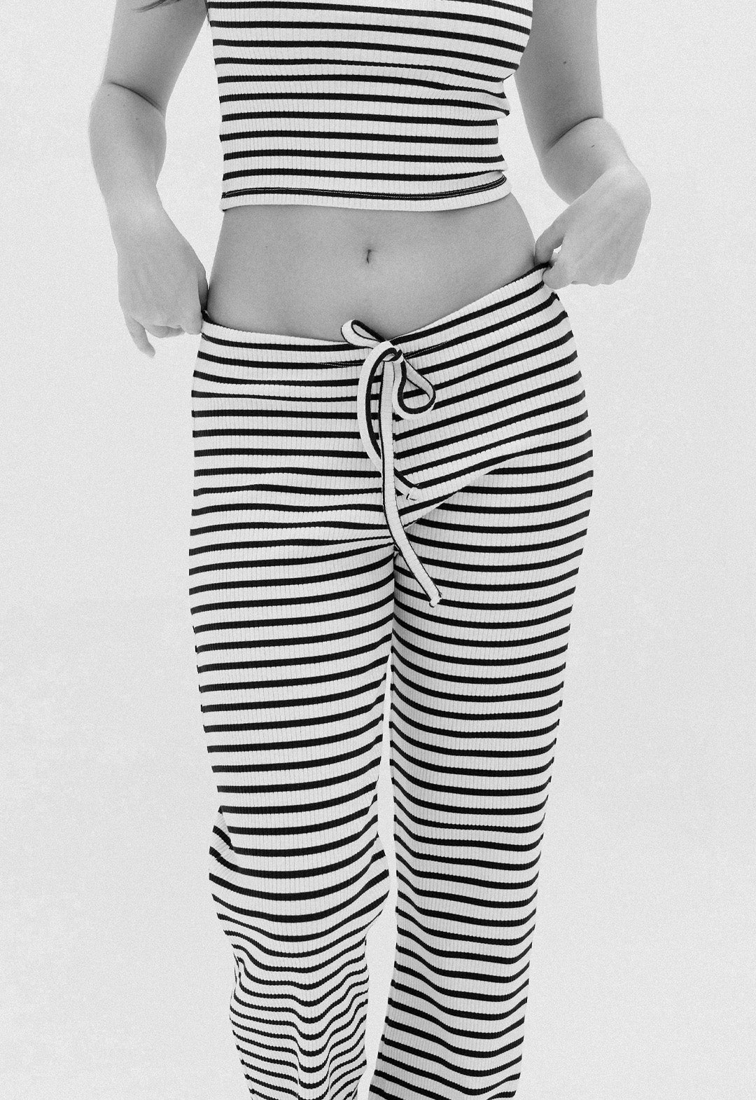 Buy Cropp women regular fit stripe drawstring pants black and white Online