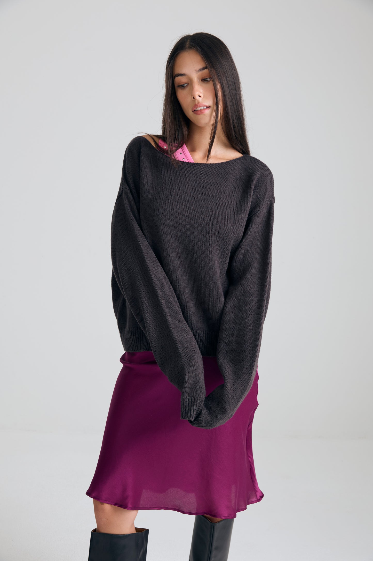 Boatneck Knit crop Top - charcoal