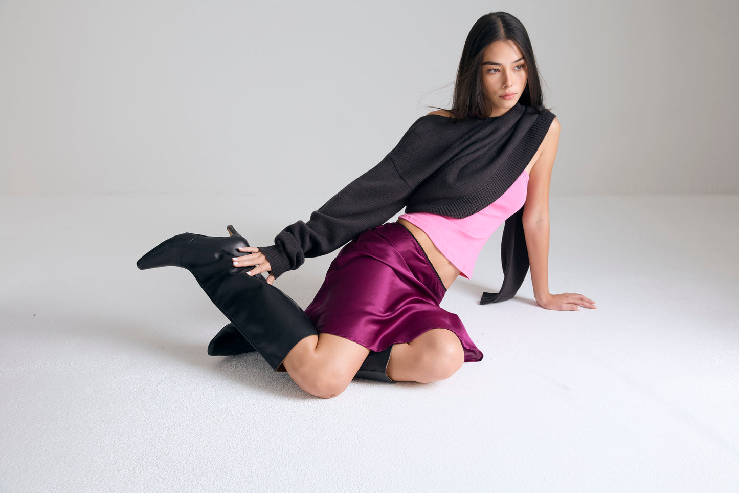 Boatneck Knit crop Top - charcoal