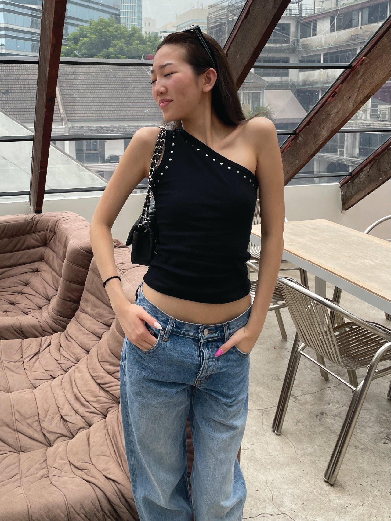 70s one shoulder top - Super black