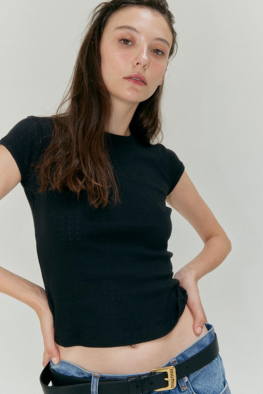 Pointelle Basic Tee - Charcoal