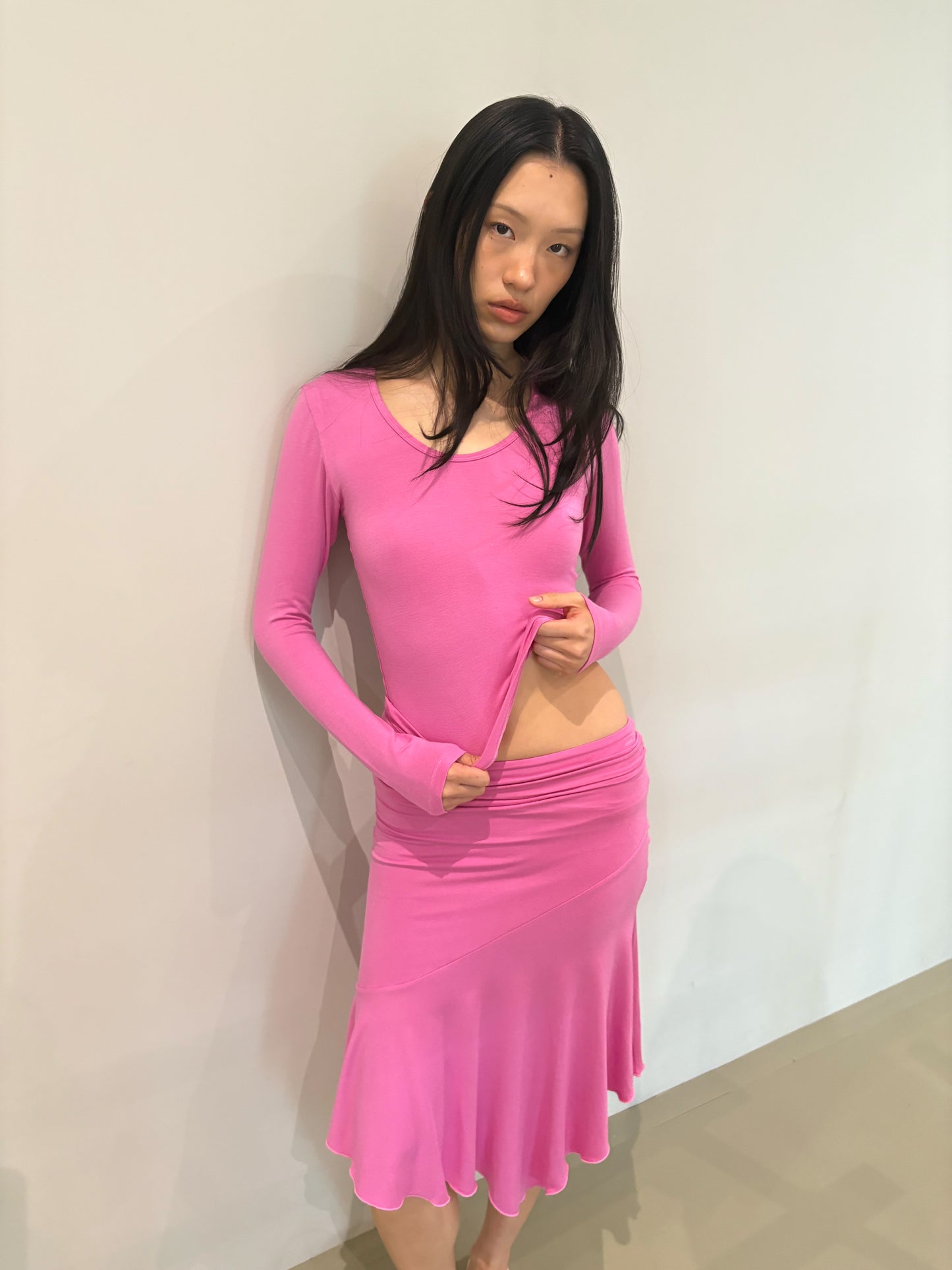 LONG SLEEVE DEEP V NECK TOP - CLAY PINK