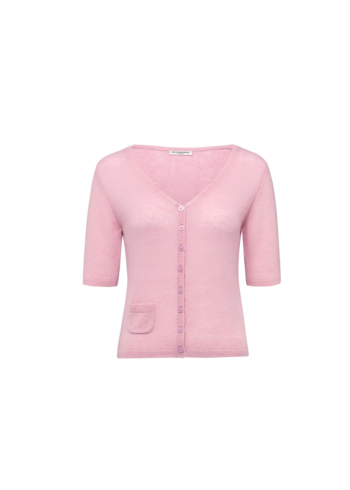 V-neck short-sleeve cardigan with pocket-Ribbon Pink