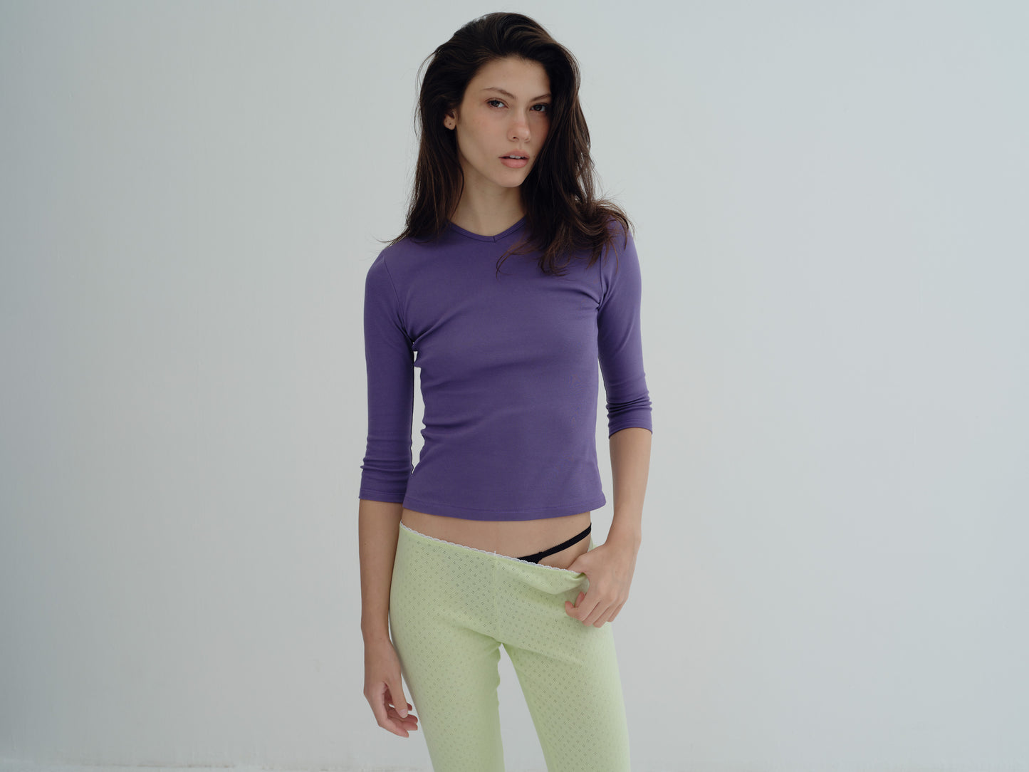 Classic V-Neck Tee with Three-Quarter Sleeves - faded purple