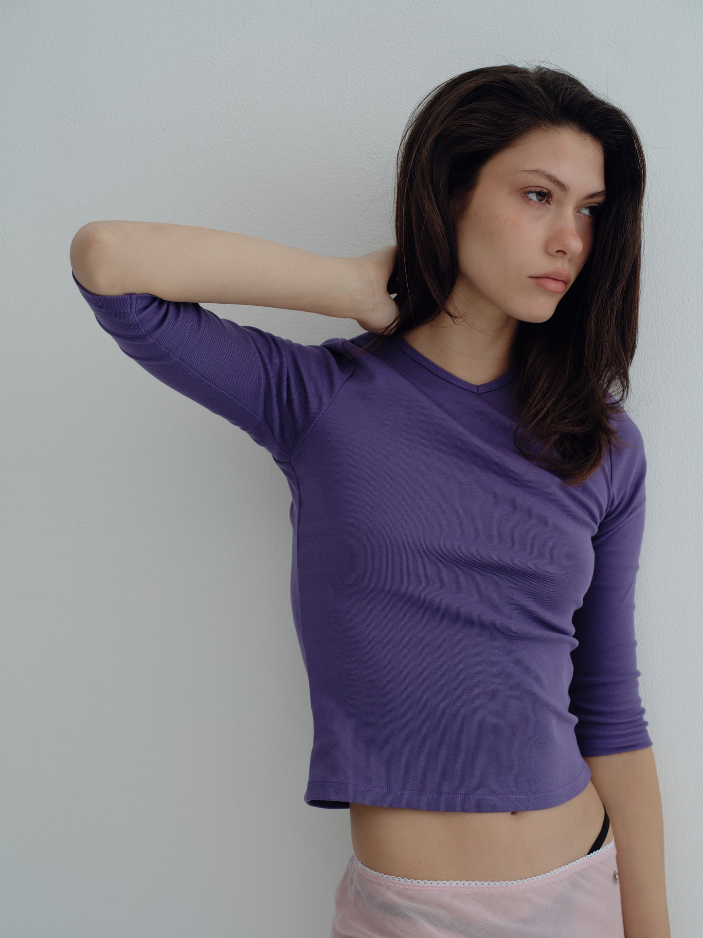 Classic V-Neck Tee with Three-Quarter Sleeves - faded purple