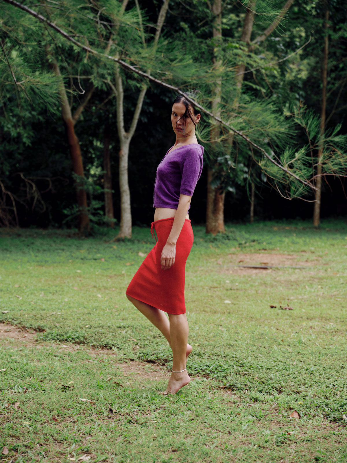 Knit Midi Skirt with Emoji Cut-Outs - Tomato