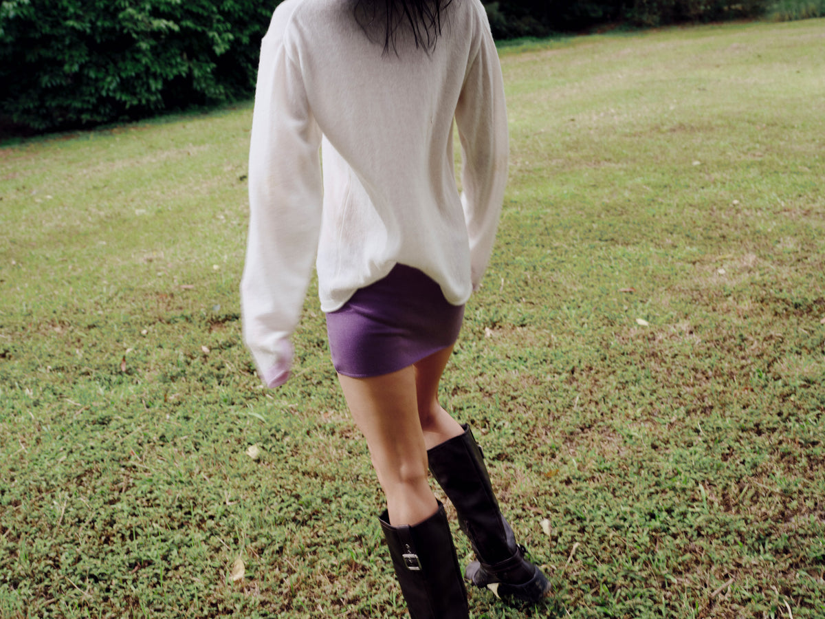 Oversized relaxed sweater with contrast trim - Cream / Lavender