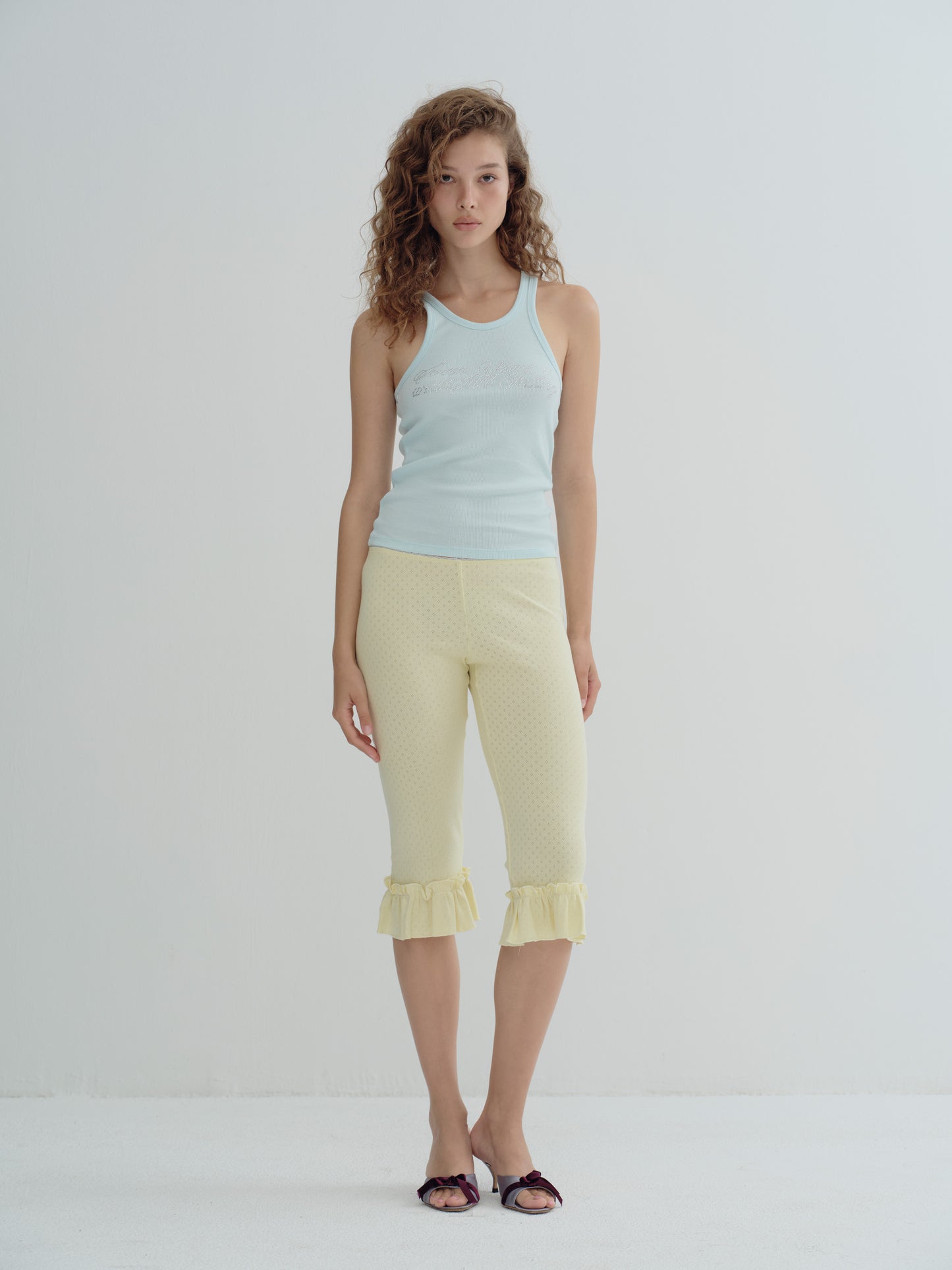 RUFFLE POINTELLE CAPRI PANTS - butter milk