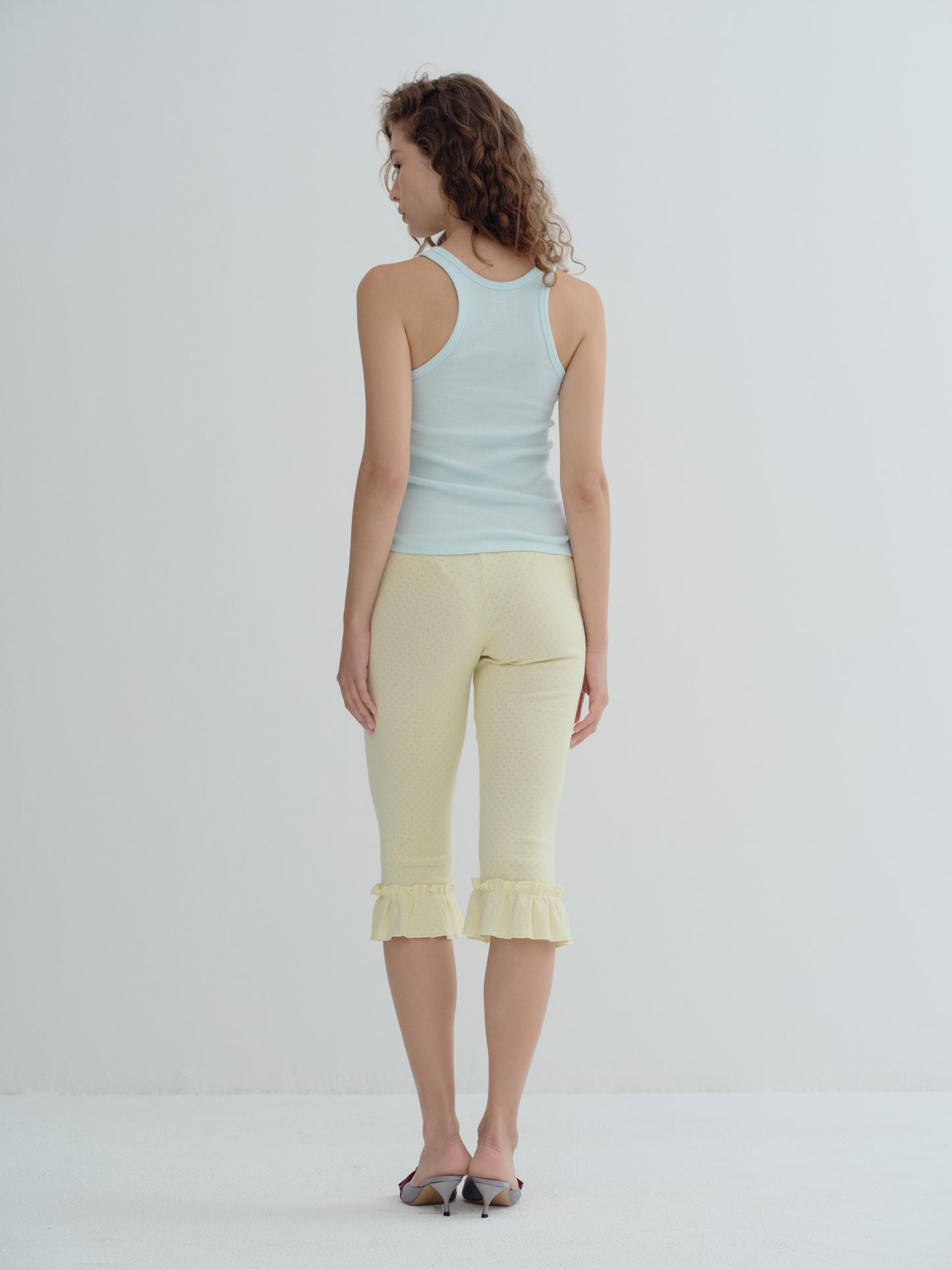 RUFFLE POINTELLE CAPRI PANTS - butter milk