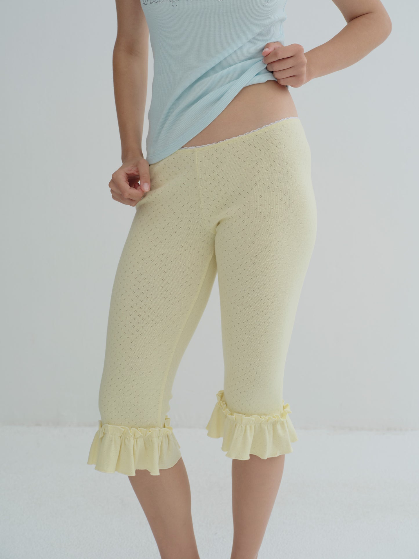 RUFFLE POINTELLE CAPRI PANTS - butter milk