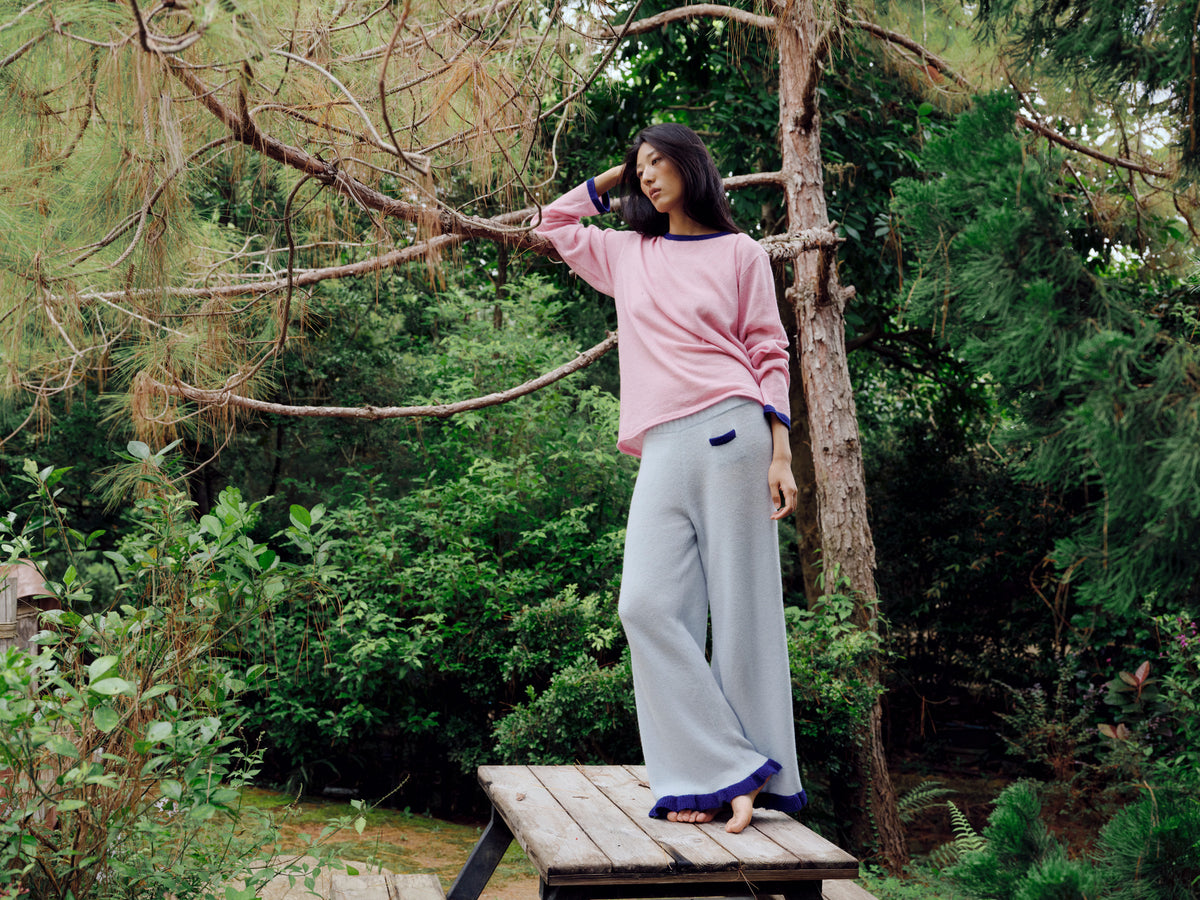 Knit raffle pants with hidden pockets - Powder Blue / Royal Blue