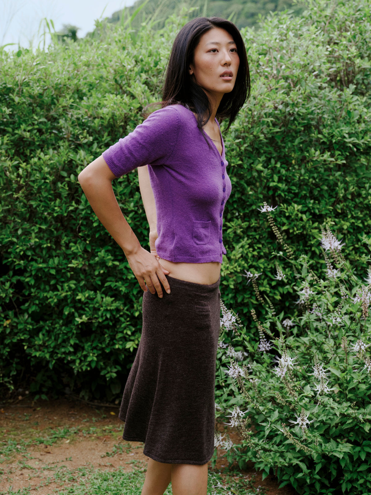 V-neck short-sleeve cardigan with pocket-Sweet Purple