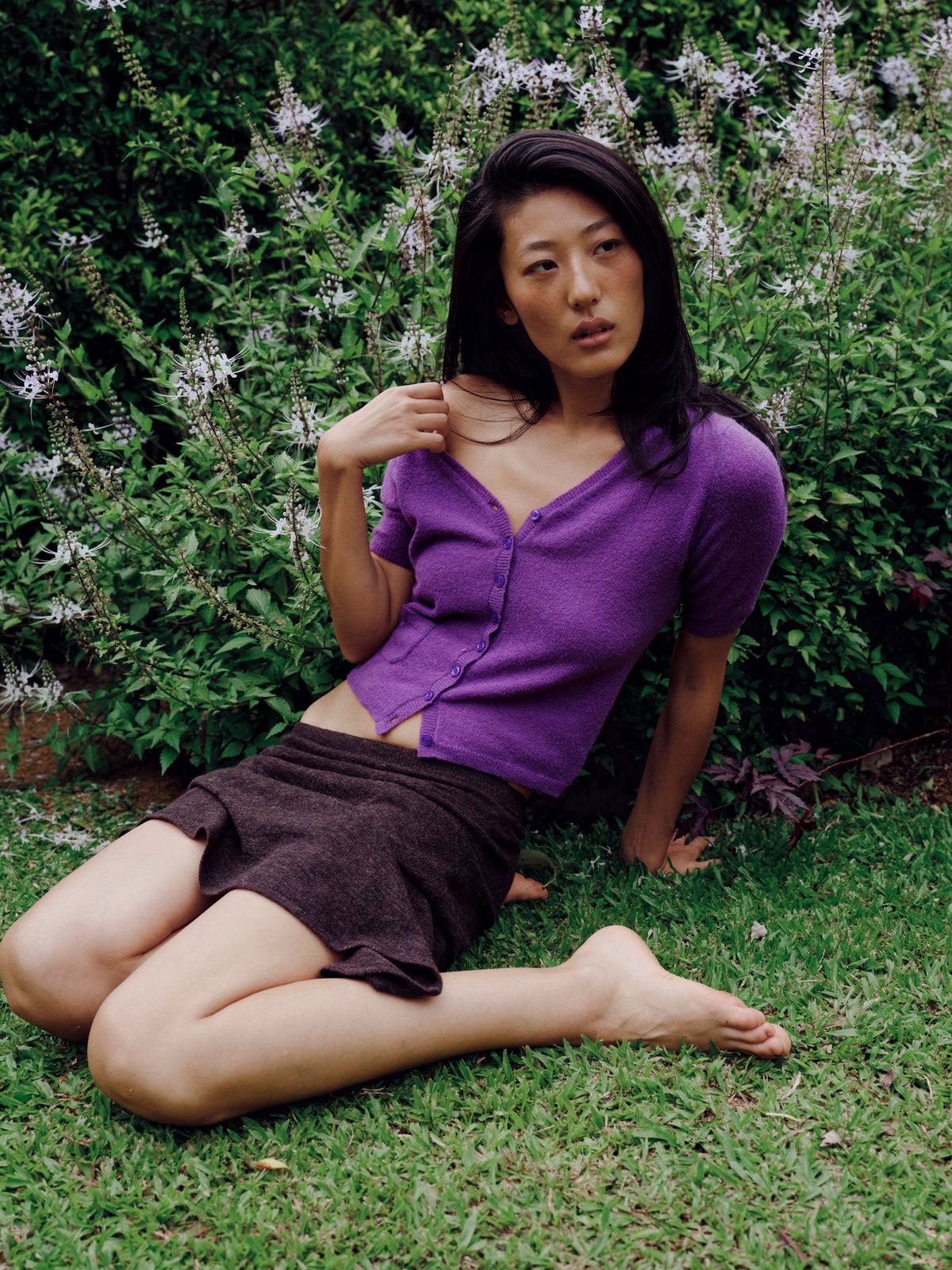 V-neck short-sleeve cardigan with pocket-Sweet Purple