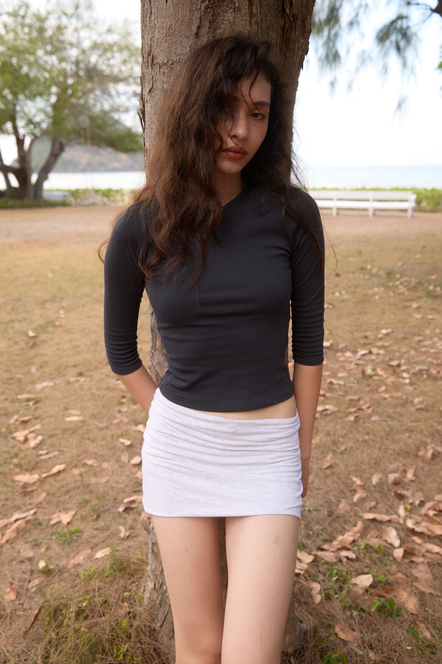 Classic V-Neck Tee with Three-Quarter Sleeves - BLACK