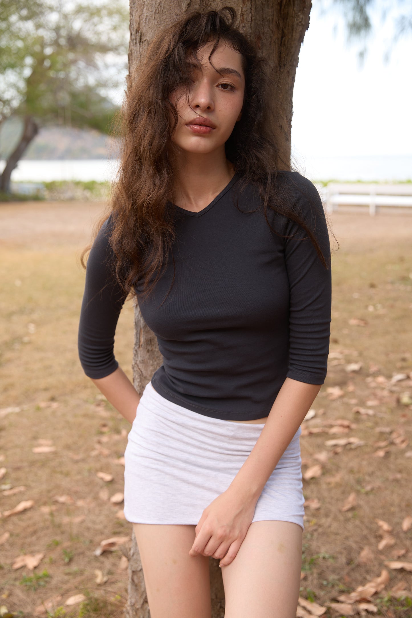Classic V-Neck Tee with Three-Quarter Sleeves - BLACK