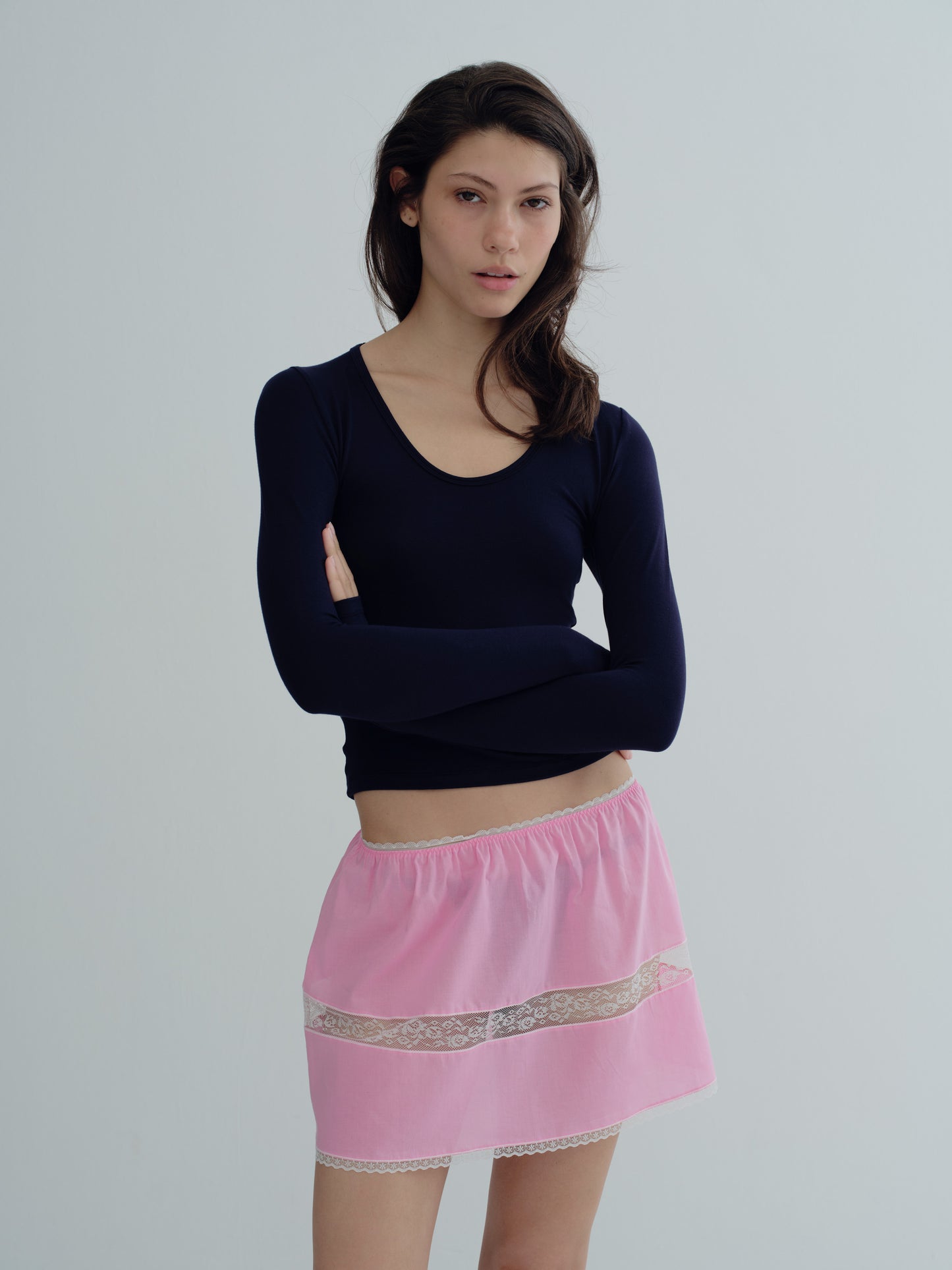 LONG SLEEVE DEEP V NECK TOP - Navy