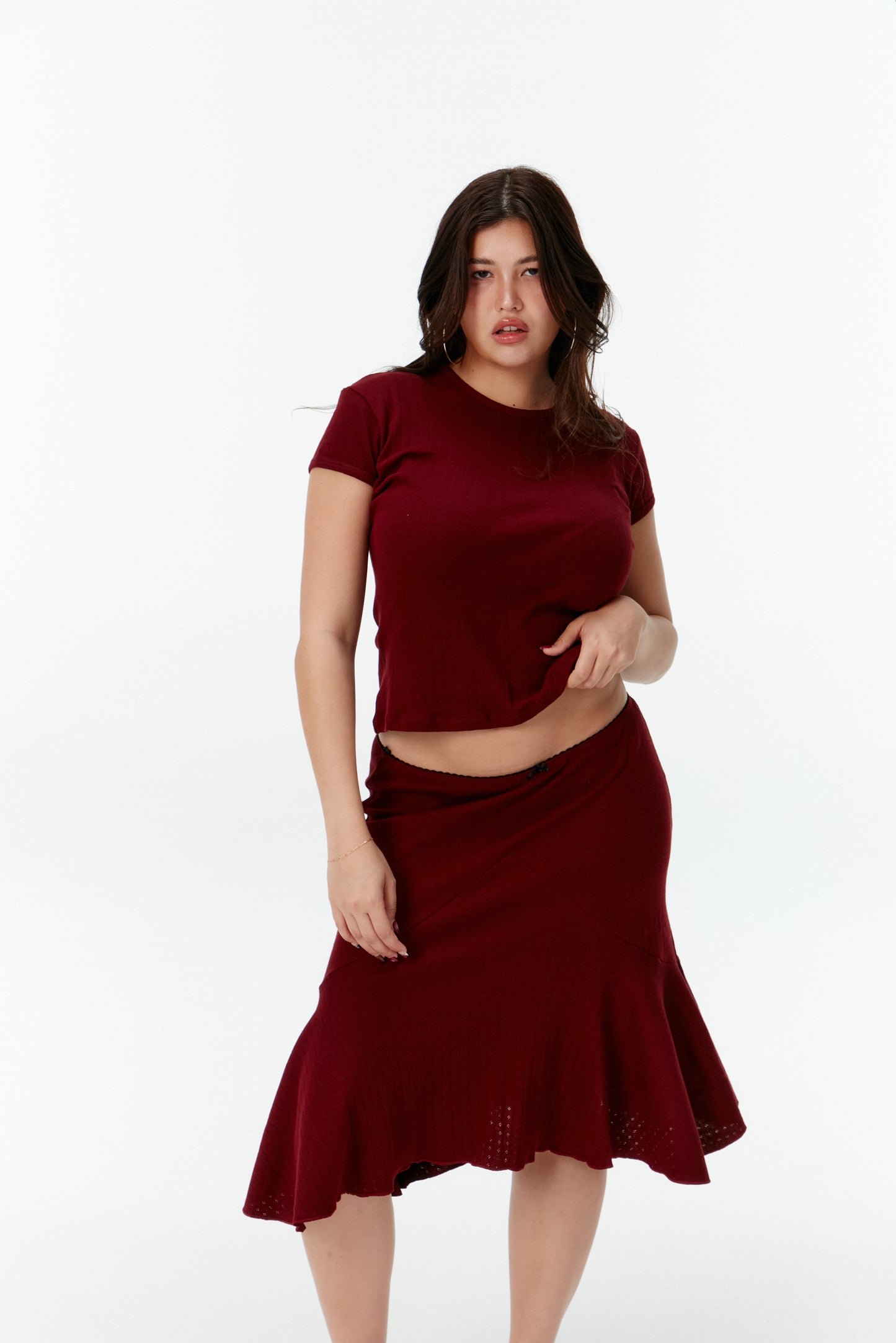 Pointelle Basic Tee -Dark red cherry