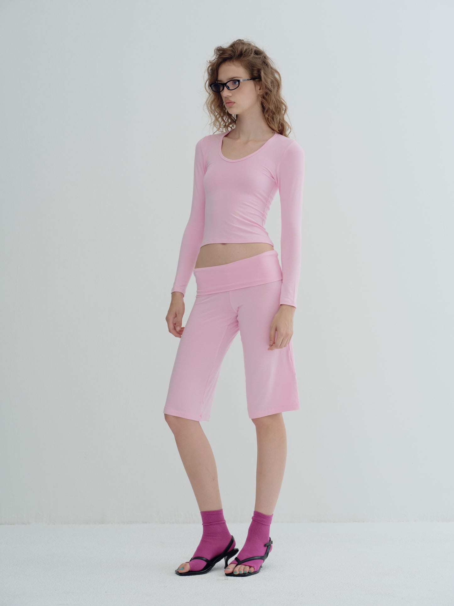 LONG SLEEVE DEEP V NECK TOP - Pretty pink