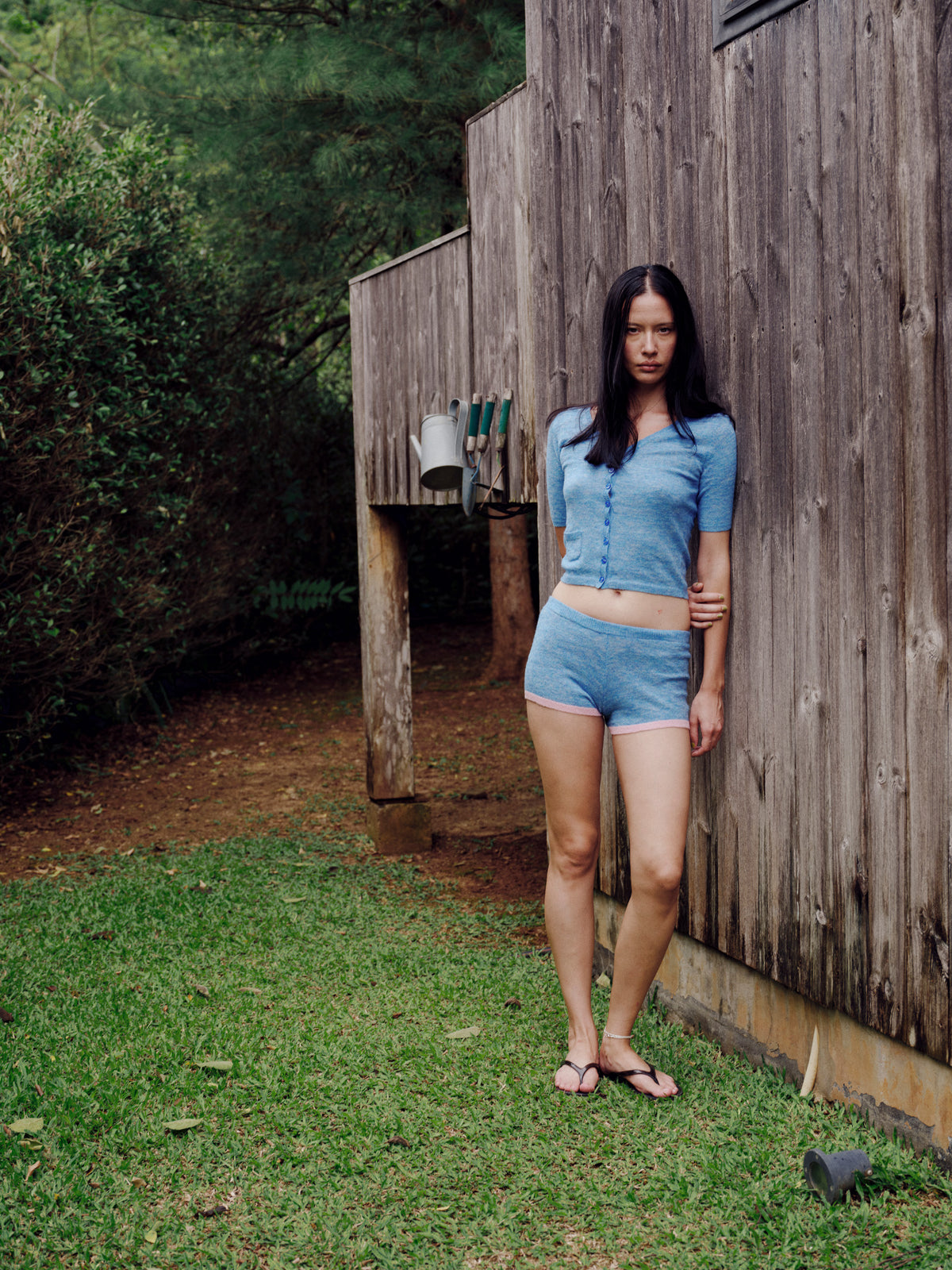 V-neck short-sleeve cardigan with pocket-Magic Blue