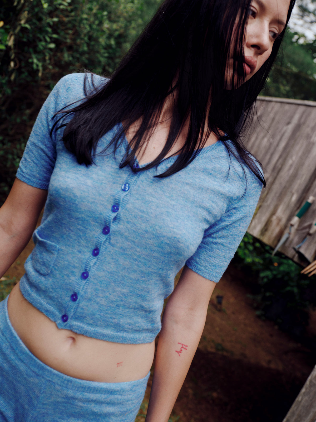 V-neck short-sleeve cardigan with pocket-Magic Blue