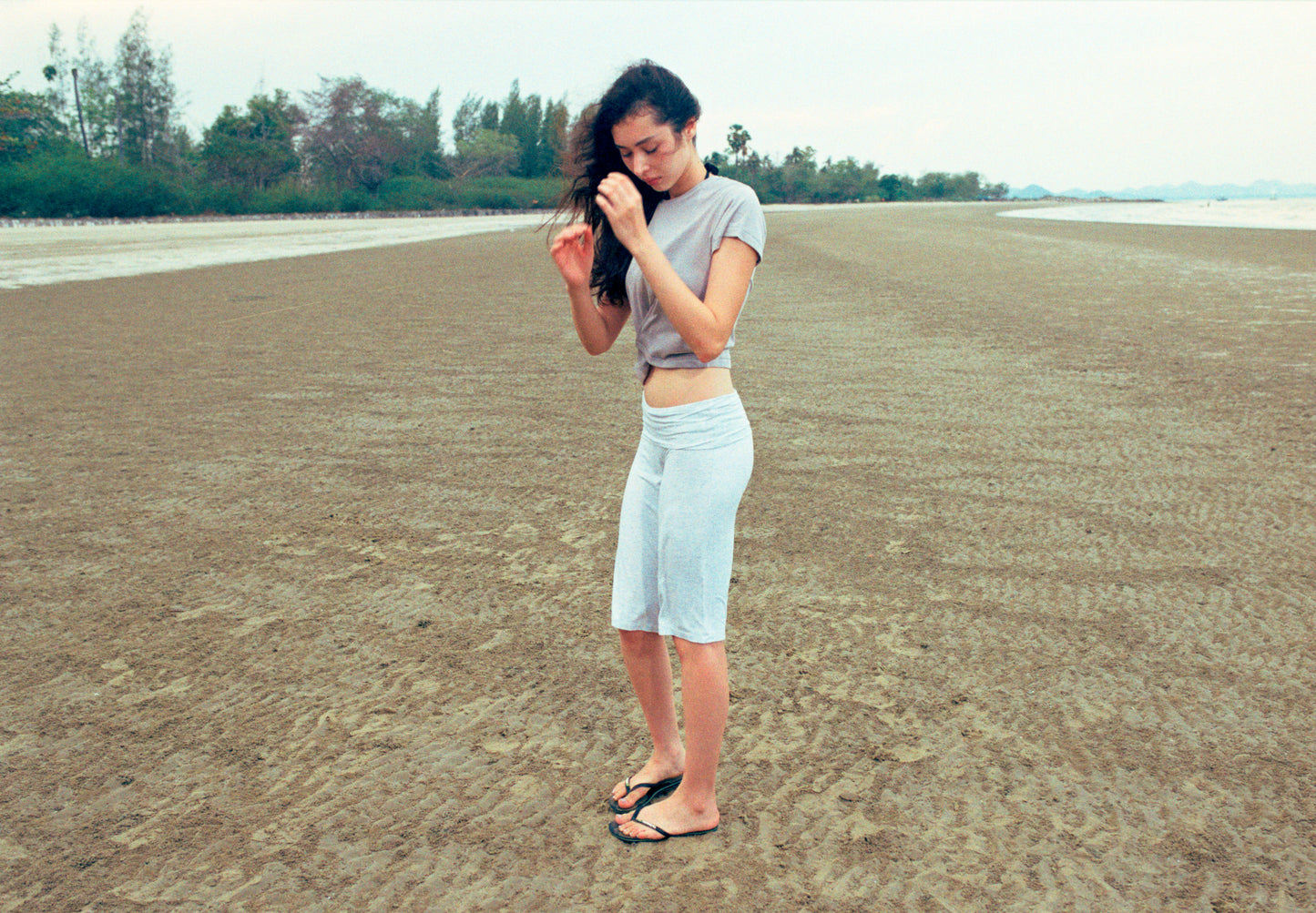 JERSEY FOLDOVER CAPRI PANTS - WHITE GRAY