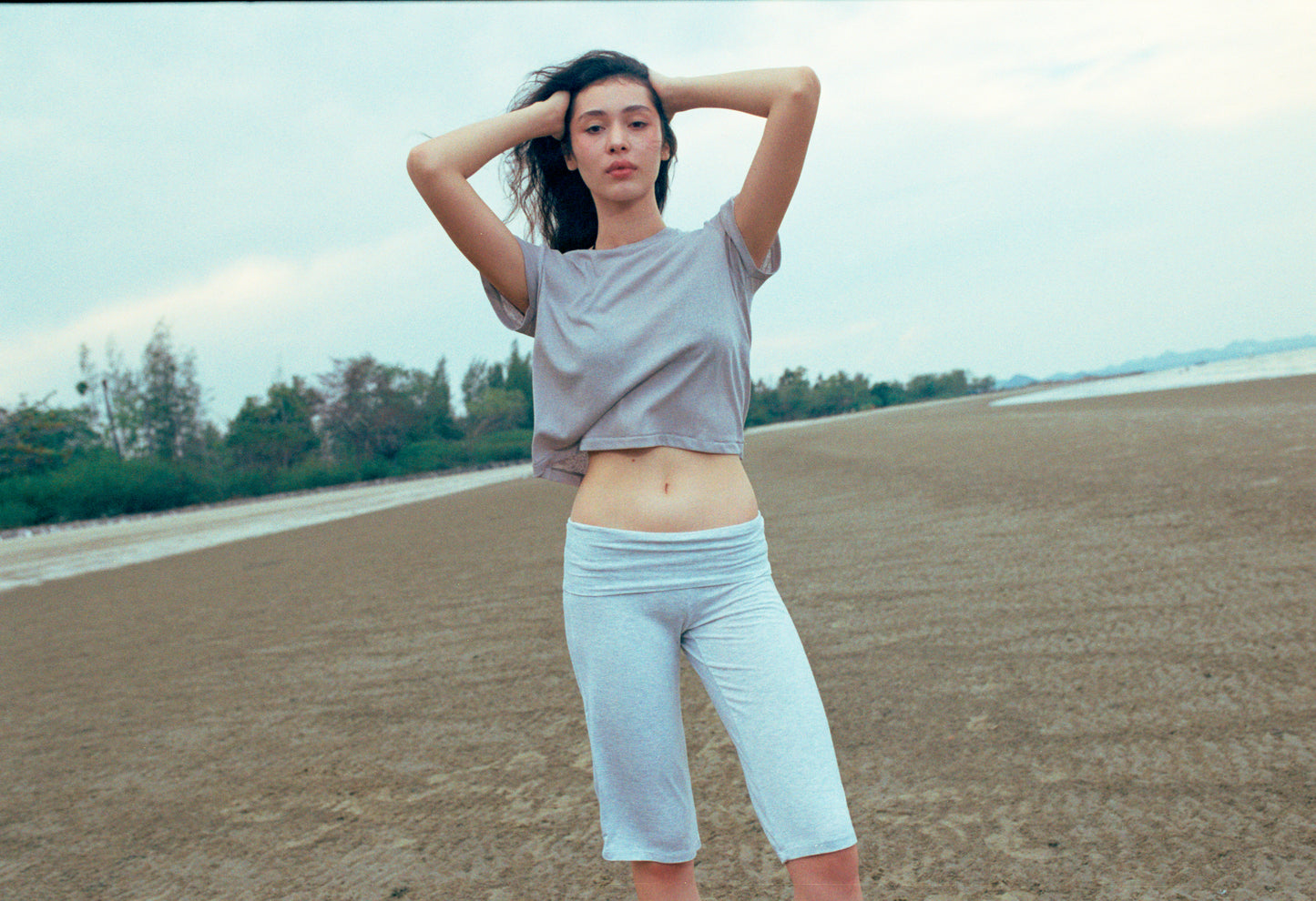 JERSEY FOLDOVER CAPRI PANTS - WHITE GRAY